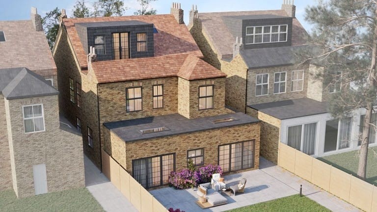 Architectural design and drawing of the rear of the property to now propose a seamless addition of a large rear extension with bifold windows and skylights as well as loft dormer with juliette balcony which converted a large dwelling into five flatted units with still a very large rear garden with patio furnishings