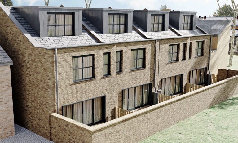 Architectural renderings of the rear for the development of four terrace houses all with dormer loft extensions and individual private rear garden space to blend on the residential streetscape