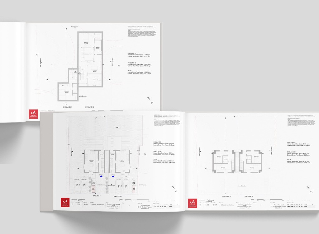 Open brochure displaying architectural floor plans for two dwellings, with detailed measurements and layout annotations, showcasing the design and planning stages of residential construction projects for architectural and engineering professionals.