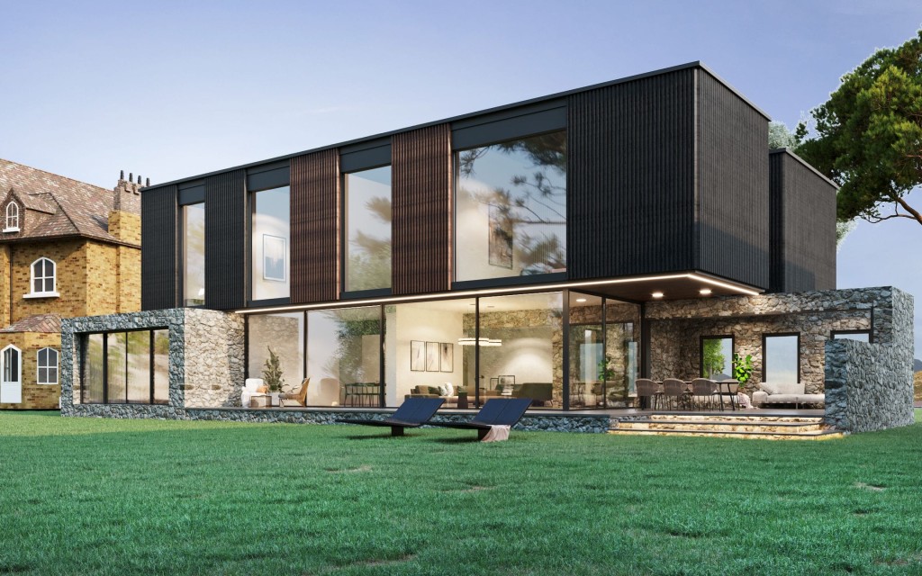 Contemporary luxurious home design showcasing a blend of natural stone and modern black paneling, with large windows, green lawn, and outdoor lounge area.