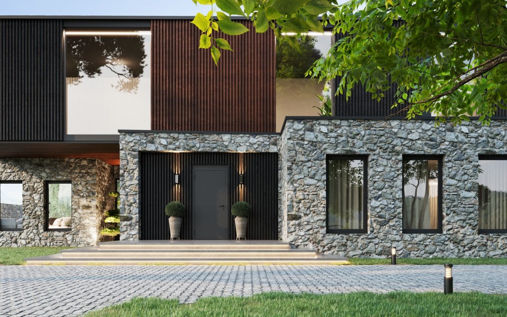 Modern luxury home exterior with stone wall detailing, wooden accents, landscaped garden, and elegant entrance with topiary plants.