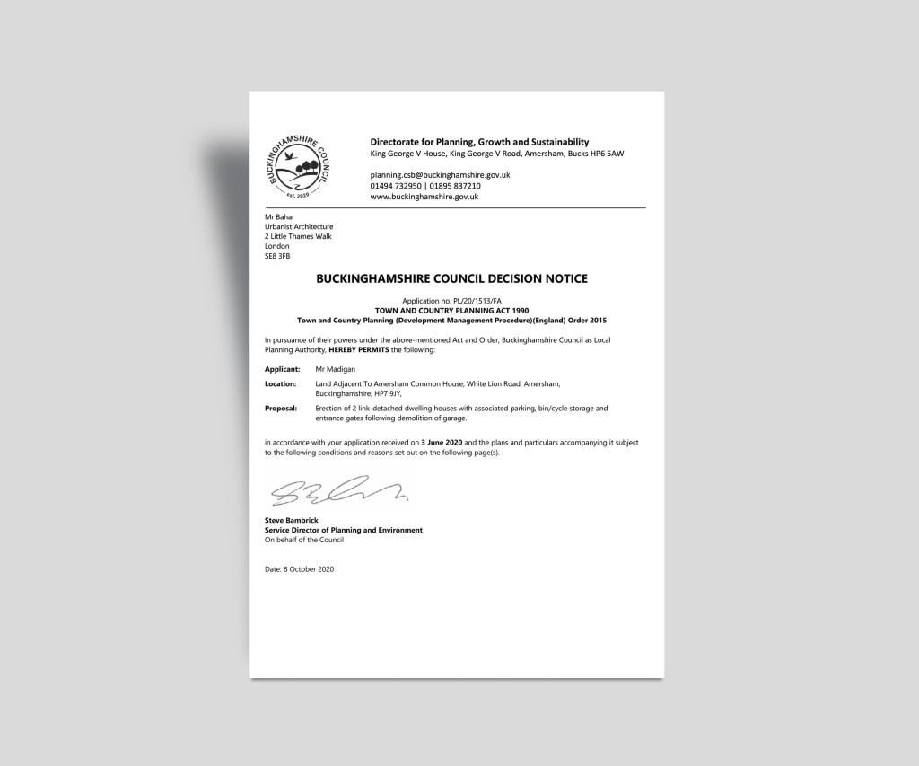 Scanned image of a Buckinghamshire Council Decision Notice for a planning application, featuring the council's letterhead, applicant details, proposal description for the erection of 2 link-detached dwellings, and official signatures, highlighting government documentation for urban development and planning permissions.