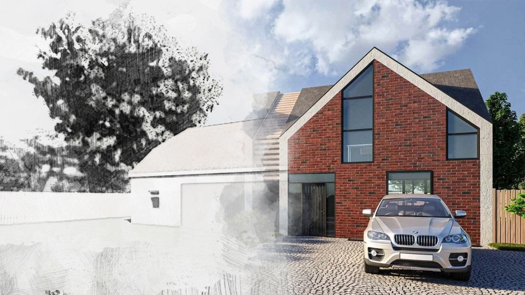 Proposal of upgrading a simple bungalow into a modern brick house with gable roof and large windows, featuring a cobblestone driveway and a luxury BMW car, blending contemporary architecture with classic elements for an upscale residential design.