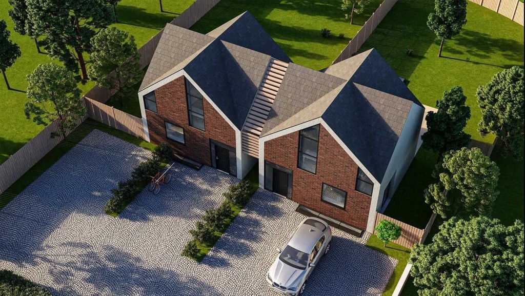 3D rendering of a modern brick house with a dual-pitched slate roof, featuring intricate cobblestone driveway design, landscaping with mature trees, and a white sedan, showcasing residential architectural design and planning.