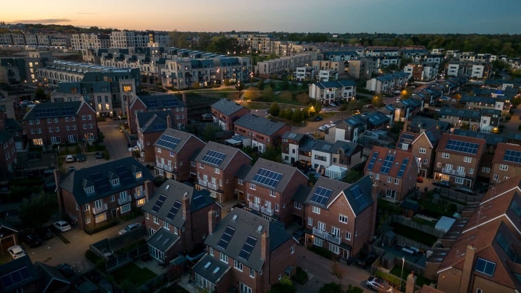 Dusk settles over a modern housing development, with rows of houses featuring solar panels, emphasising sustainable living in a suburban community.