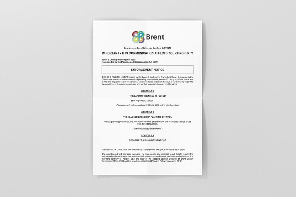Mock-up of an enforcement notice from the London Borough of Brent regarding a breach of planning permission, displayed on a white background, emphasising legal communication about property development regulations.