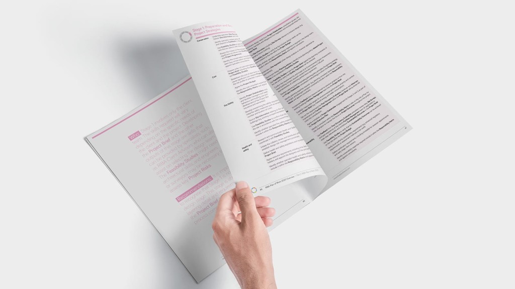 A person's hand turning a page of the RIBA Plan of Work 2020 document, revealing detailed text and guidelines on project strategies for Stage 1, set on a clean white background for focused reading.
