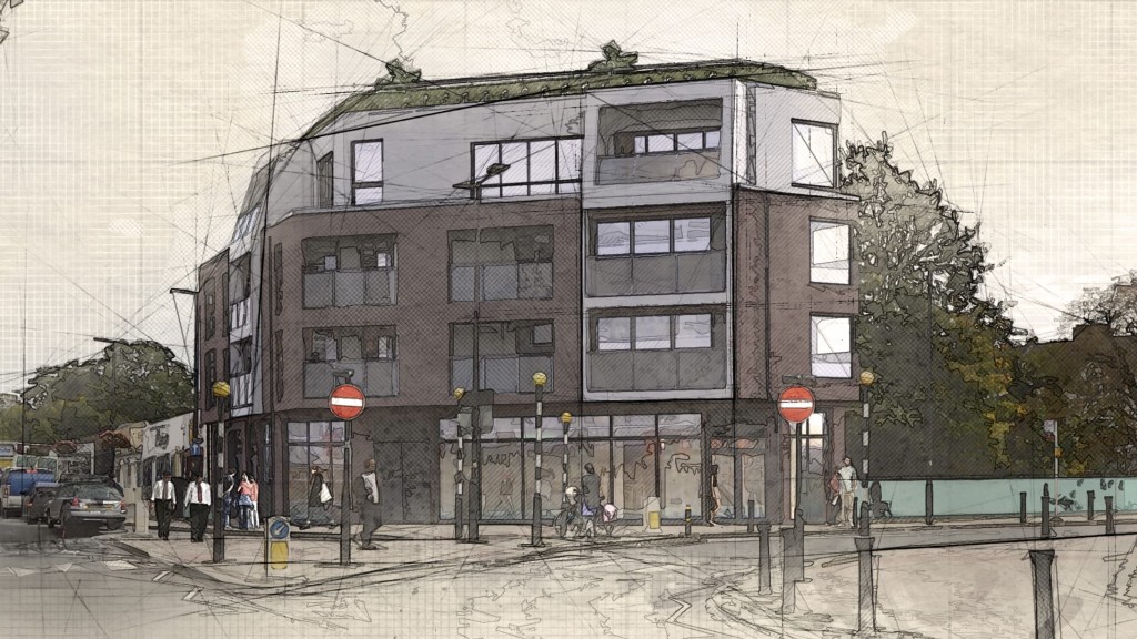 Artistic sketch of a corner building with a modern design, featuring a green rooftop and large windows, set in an urban street scene with pedestrians, vehicles, and street signage.