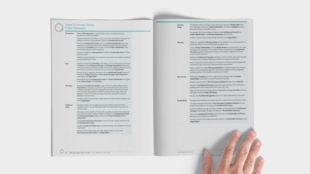 A person's hand turning a page of the RIBA Plan of Work 2020 booklet, showing detailed information on Stage 2: Concept Design, with comprehensive lists and descriptions of tasks and considerations in architectural project planning.