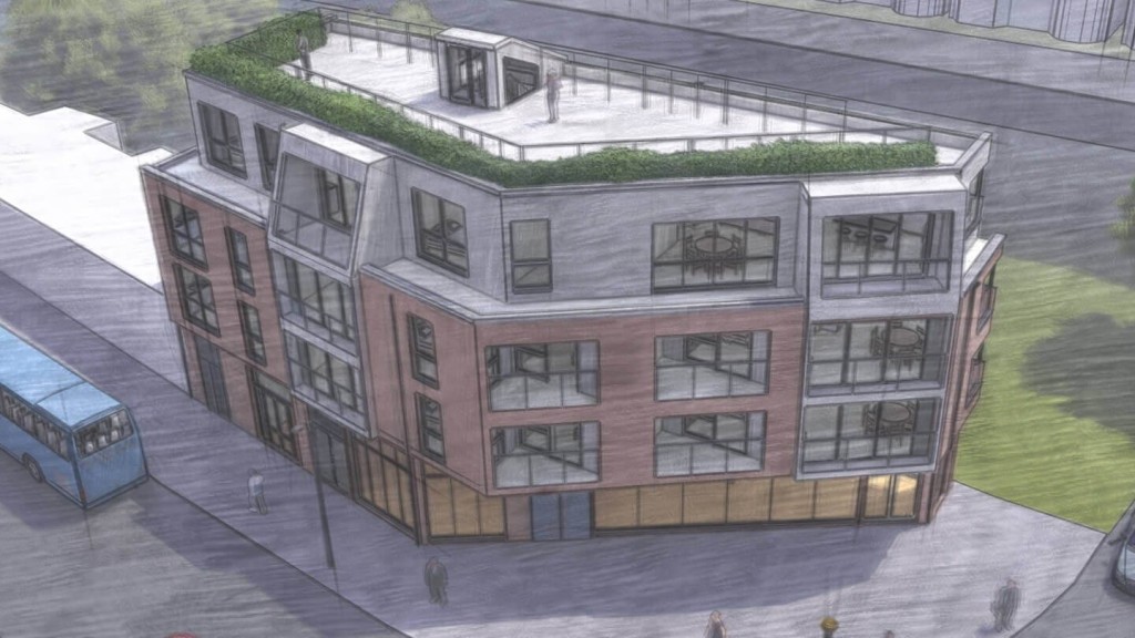 Architectural rendering of a corner building with a green rooftop garden, featuring a mix of brick and modern facades, with pedestrians and a bus indicating urban street activity.
