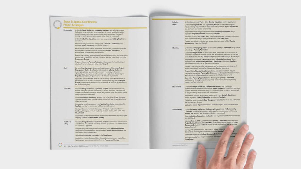 Close-up view of a person browsing through the RIBA Plan of Work 2020, focusing on Stage 3: Spatial Coordination, which outlines project strategies for conservation, cost, fire safety, health and safety, inclusive design, planning, plan for use, and sustainability.