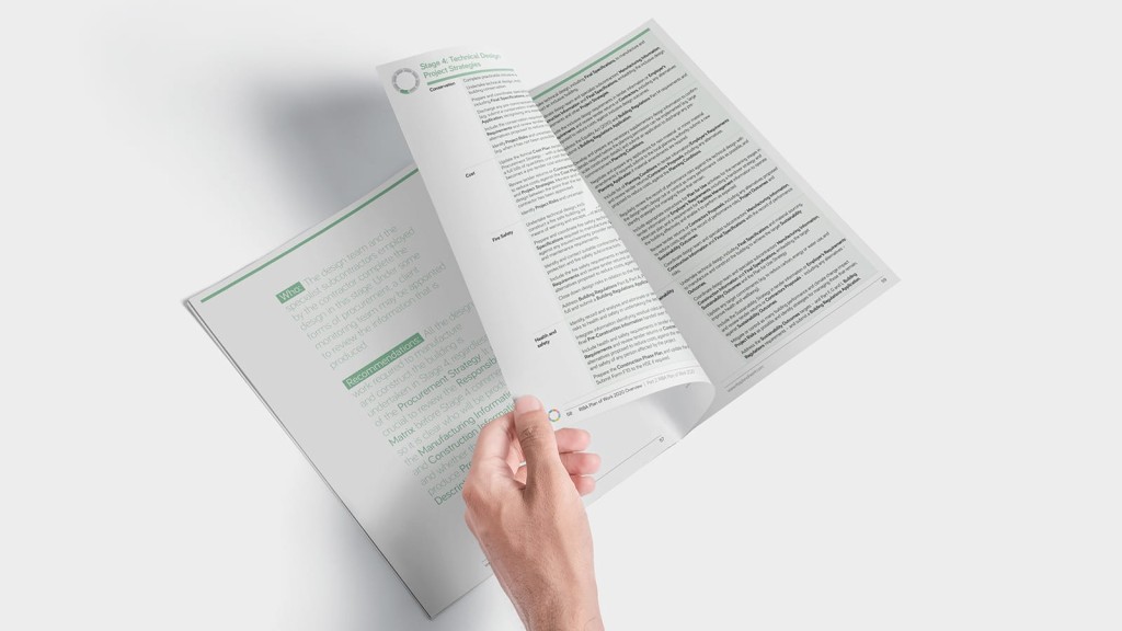 Hand flipping through the RIBA Plan of Work 2020 guide showing Stage 4: Technical Design information, with detailed project strategy descriptions on a white and green themed page, against a bright backdrop.