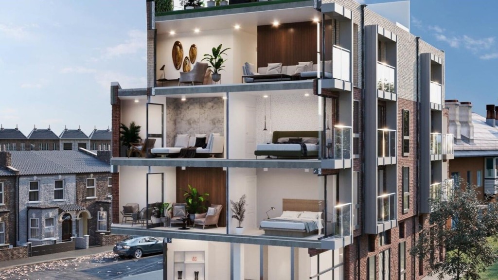 Cutaway illustration of a modern multi-story apartment building showcasing interior design and layout, with detailed views into furnished rooms featuring contemporary decor, large windows, and balconies, blending urban architecture with comfortable living spaces.