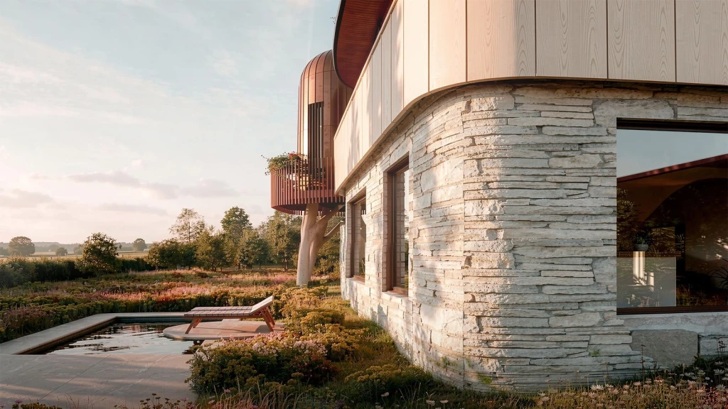 The Ridge rural holiday home showcasing natural stone masonry, copper cladding and durable materials designed to stand the test of time in the countryside landscape.