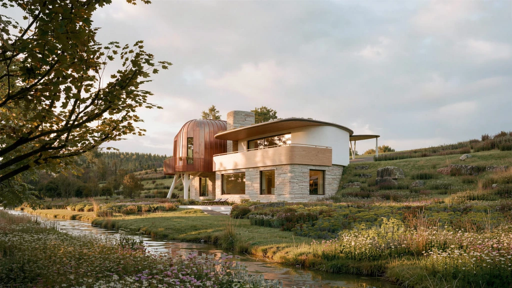 Architect-designed rural holiday home featuring curved timber balconies, natural stone walls and copper-clad forms set within a landscaped countryside setting.
