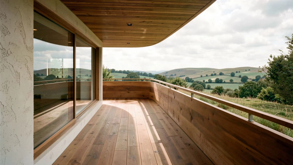 Curved timber terrace and floor-to-ceiling glazing of a luxury rural holiday home overlooking the rolling Malvern Hills countryside.