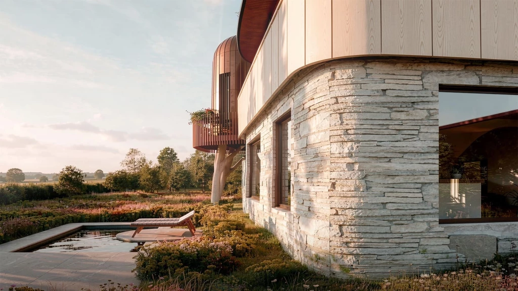 The Ridge rural holiday home showcasing natural stone masonry, copper cladding and durable materials designed to stand the test of time in the countryside landscape.