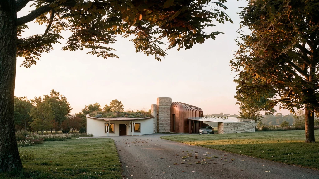 The Ridge rural holiday home in the Malvern Hills, featuring a curved green roof, natural stone walls and copper-clad forms shaped by the surrounding landscape.
