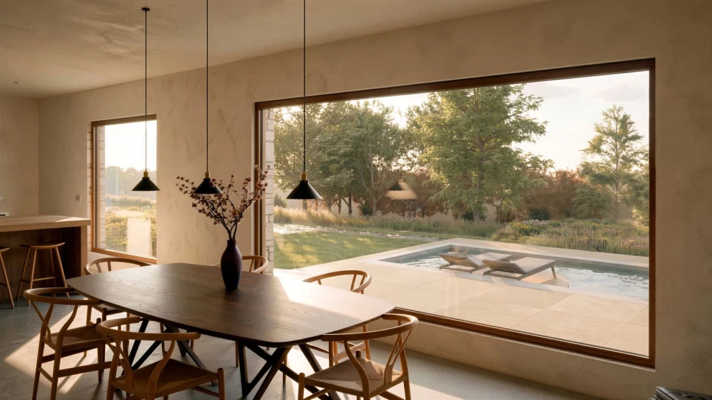 Luxury rural holiday home interior with floor-to-ceiling glazing, natural materials and seamless views across landscaped gardens and an outdoor pool.