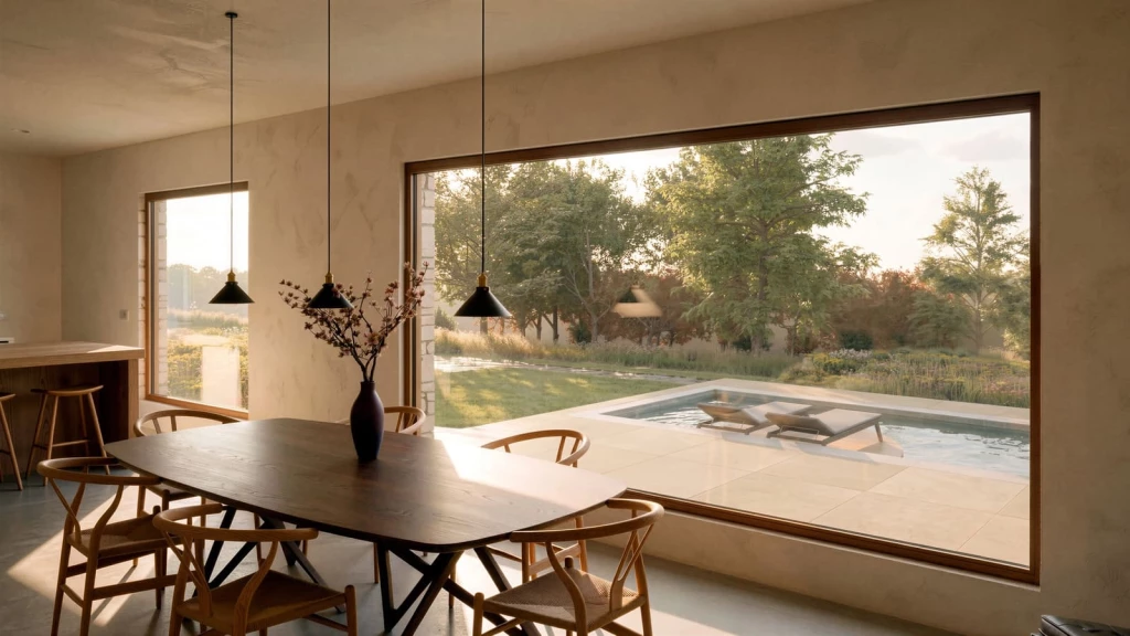 Luxury rural holiday home interior with floor-to-ceiling glazing, natural materials and seamless views across landscaped gardens and an outdoor pool.