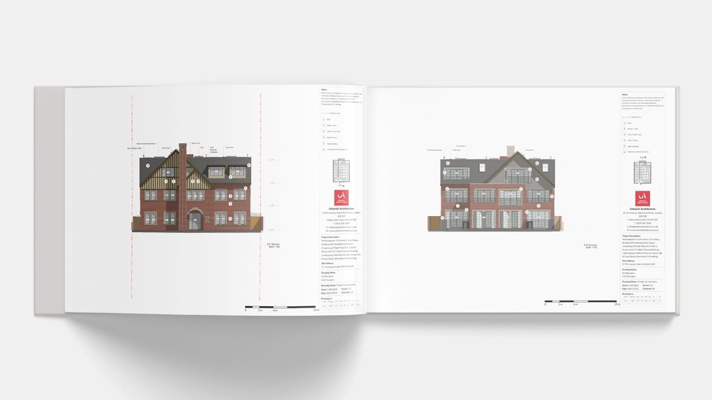 Open architectural book displaying detailed elevation drawings of a residential building, illustrating the application of section 73b for planning variations. The drawings include annotations and measurements, highlighting changes in building design. Urbanist Architecture's project documentation showcases the use of section 73b to streamline planning processes and implement design modifications.