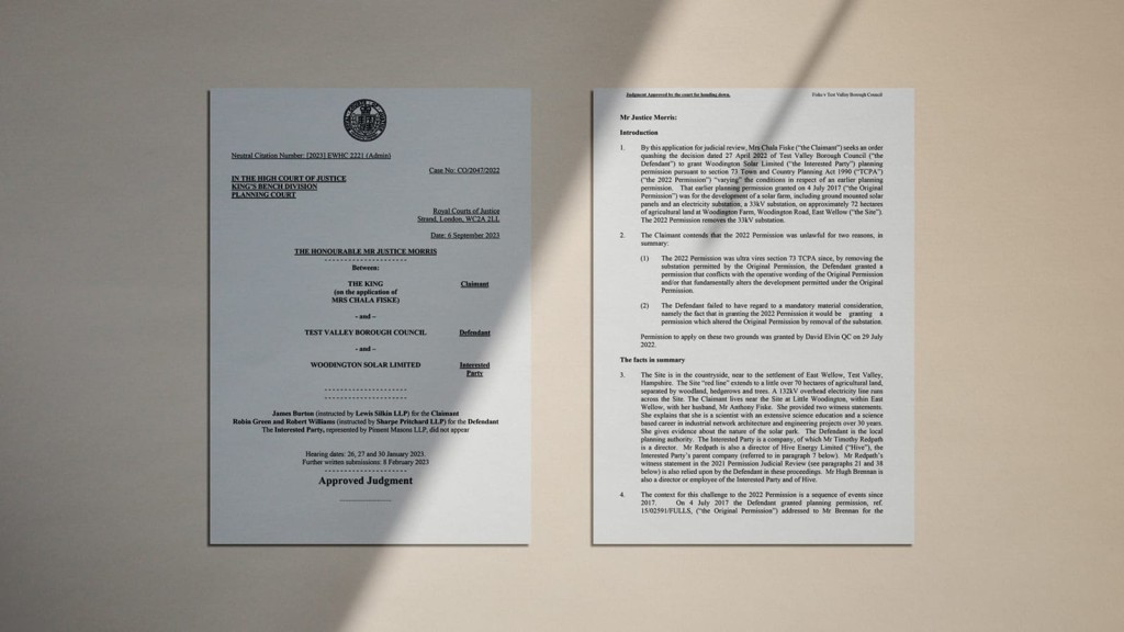 High Court of Justice documents detailing the Finney judgement, which impacted planning permissions and led to the introduction of section 73b. The documents include case details, legal arguments, and the final judgement, highlighting the legal framework and implications for planning law. The case involved Test Valley Borough Council and Woodington Solar Limited.