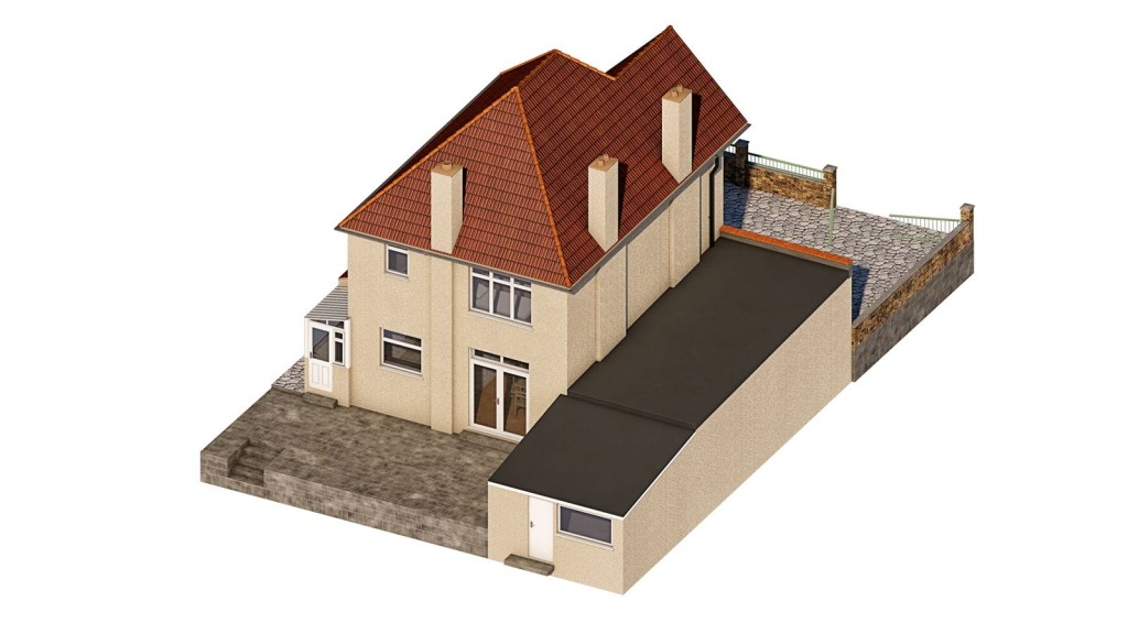 Isometric view of a detached house with a red tile roof and a single-story side extension, featuring a grey driveway and stone walls.