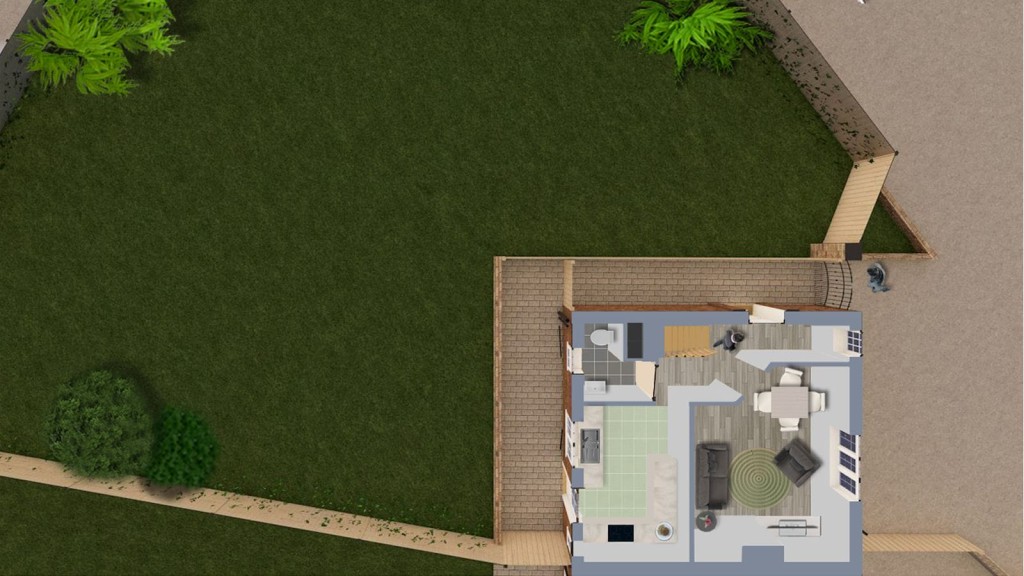 Aerial view of a house with a large garden, showcasing an extensive lawn, a bird’s-eye view of an open-plan living space with modern furniture, and a wooden deck pathway.