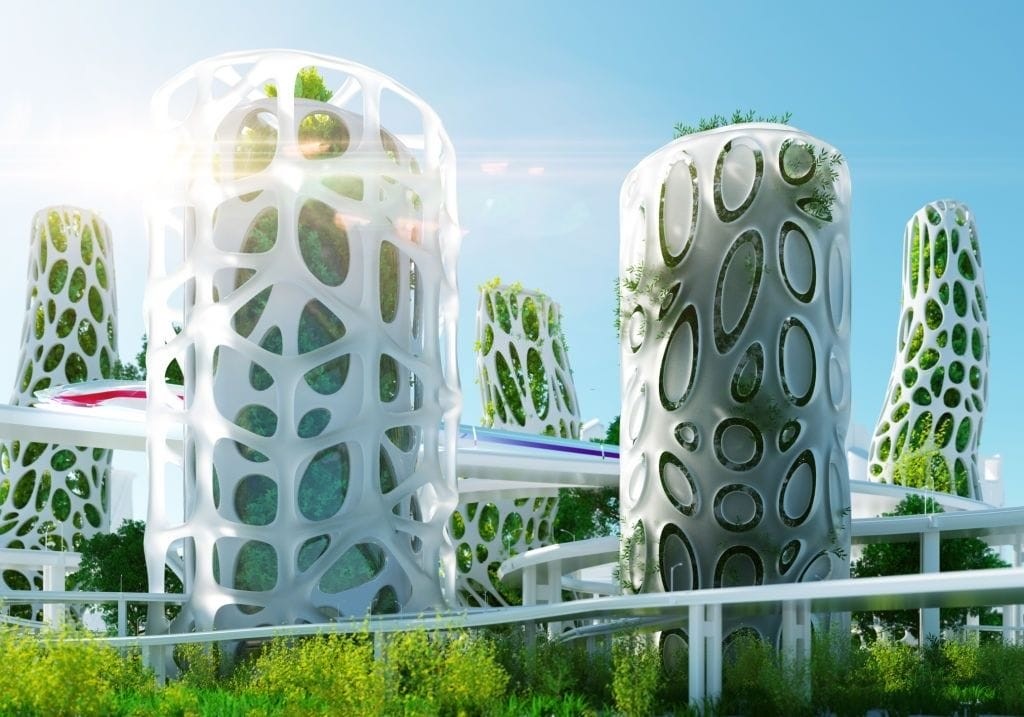 Futuristic sustainable architecture concept with organic-shaped buildings featuring green living walls and integrated vegetation in an eco-friendly urban development.