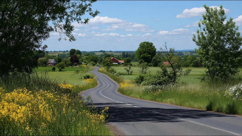 Curving rural road leading to a village in the English countryside, representing sustainable location and settlement integration in Grey Belt planning under NPPF 2024.