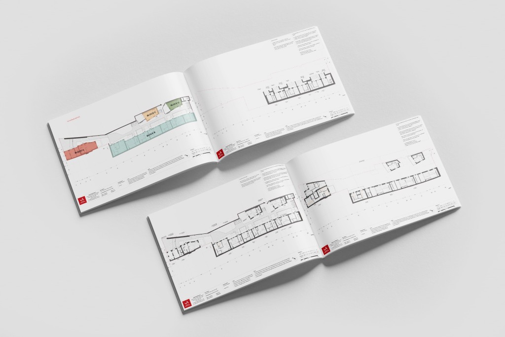 Architectural drawings and plans featured across a spread of an open magazine, showcasing detailed floor plans and section illustrations for construction reference.