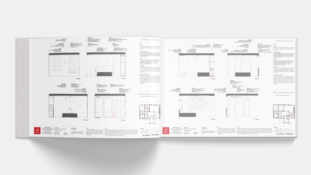 Architectural project presentation with various floor plans and elevation drawings detailed on an open magazine layout for construction documentation.