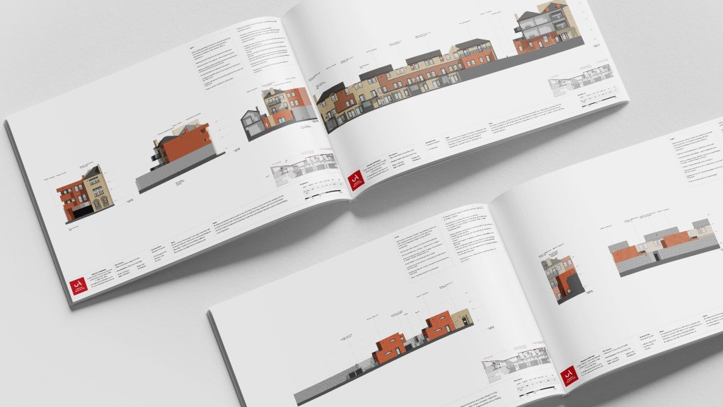 Open architectural publication displaying multiple pages of building elevations and sectional drawings for proposed development of flats, highlighting various design stages.