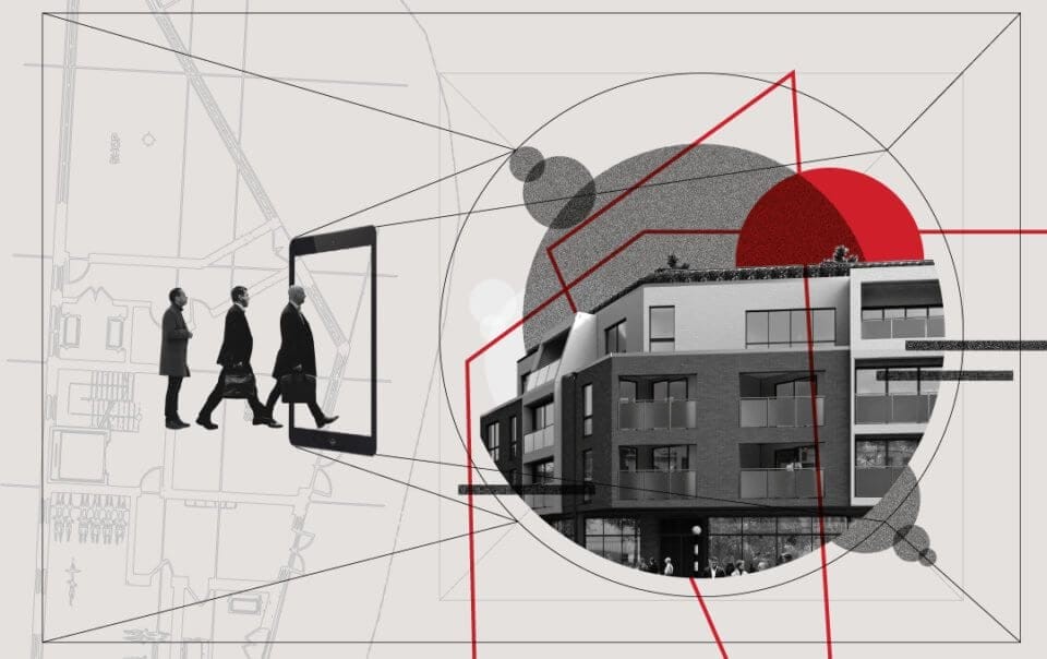 Photoshop black and white collage of the impact of technology in the workplace with three men in suits holding a briefcase walking into the screen of a human-sized iPhone and on the right hand side a view of a modern four storey corner building with geometric red lines and circles on and around it