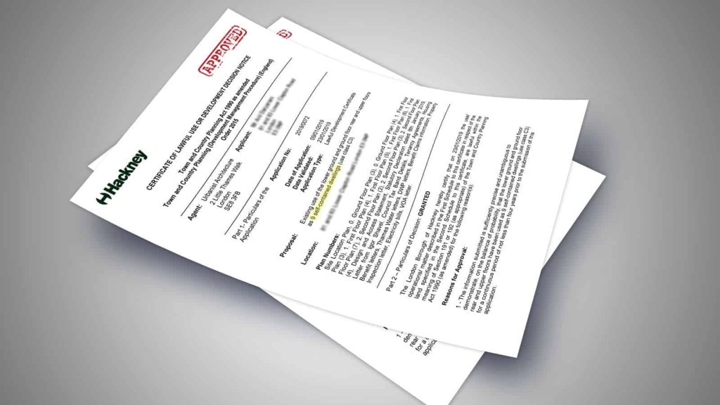 Official planning documents from Hackney Council with an 'APPROVED' stamp, showcasing a detailed lawful development certificate for a property project, signifying compliance with Local Planning regulations.