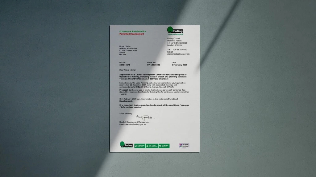 A Lawful Development Certificate from Ealing Council, confirming the legal status of an unauthorised residential conversion, likely under the four-year rule for continuous use as self-contained flats.