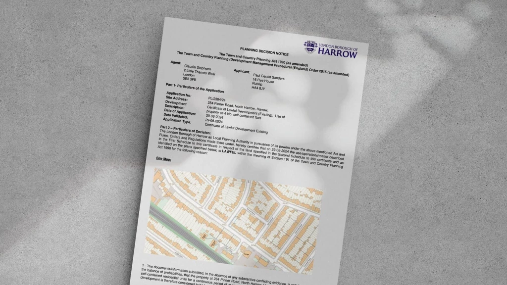 A planning decision notice from Harrow Council granting a Certificate of Lawful Development, confirming the legal status of a property’s use, likely under the four-year rule for unauthorised residential conversions.