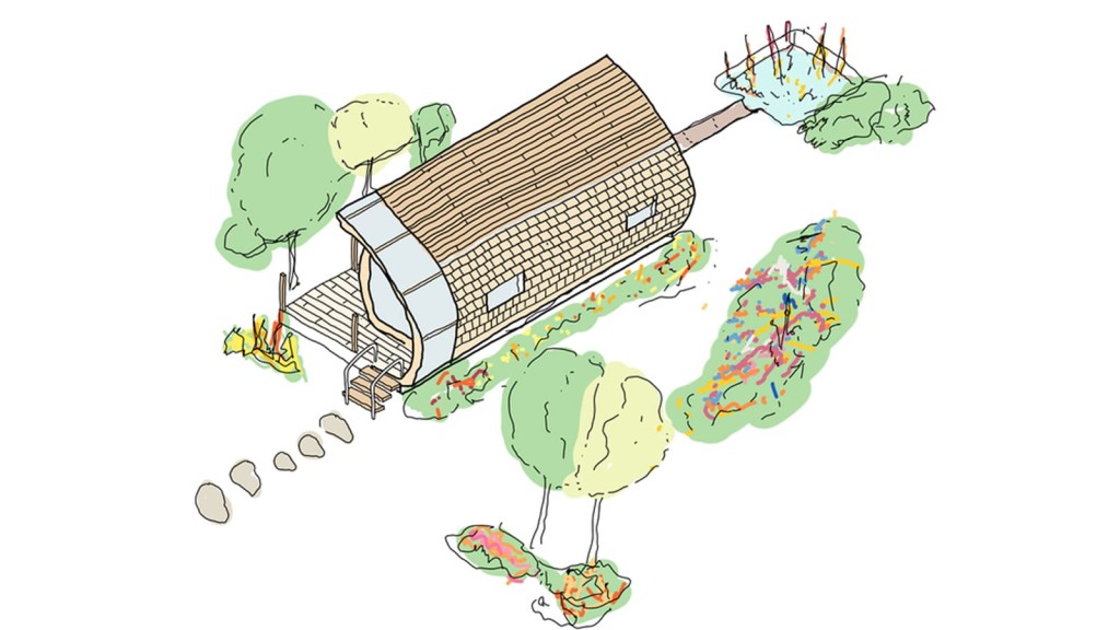 A hand-drawn illustration of a timber-clad, curved-roof tiny house surrounded by trees, gardens, and a small pond, showcasing a sustainable and nature-inspired countryside setting.