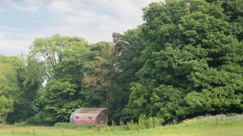 A wooden, curved-roof tiny house sits at the edge of a lush, green countryside field, surrounded by tall trees and wildflowers under a partly cloudy sky.