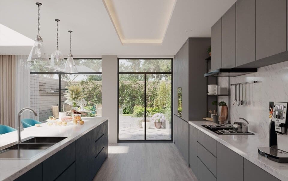 Modern rear kitchen extension idea with large bifold windows with transom windows, custom-fitted grey kitchen cabinets with integrated oven, dishwasher and fridge/freezer with matching kitchen island with white countertop and sink