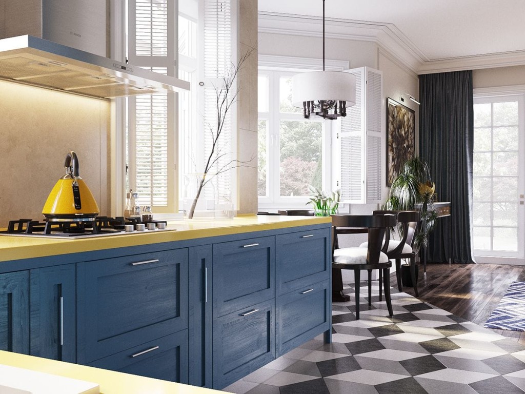 Bright and inviting kitchen space with navy blue cabinets, yellow countertops, a striking geometric floor, stainless steel range hood, and a stylish dining area with a contemporary chandelier, surrounded by large windows with garden views.