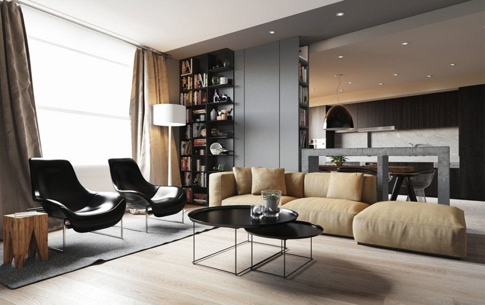 Stylish modern living room interior featuring elegant black lounge chairs, a large window with luxurious curtains, a cosy beige sectional sofa, a chic round coffee table, and a bookshelf with various decor items, set in a contemporary home with a spacious open floor plan.