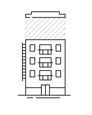 Silhouette of a detached block of flats with an extended top floor, represented in a minimalistic black icon.