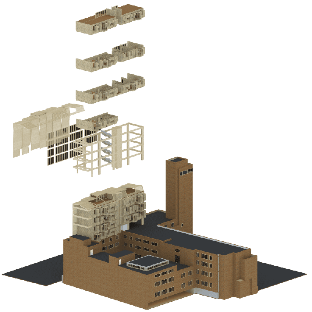 Exploded axonometric view of brownstone building complex with staged deconstruction, revealing structural frameworks, floor plans, and architectural design details for urban development project.