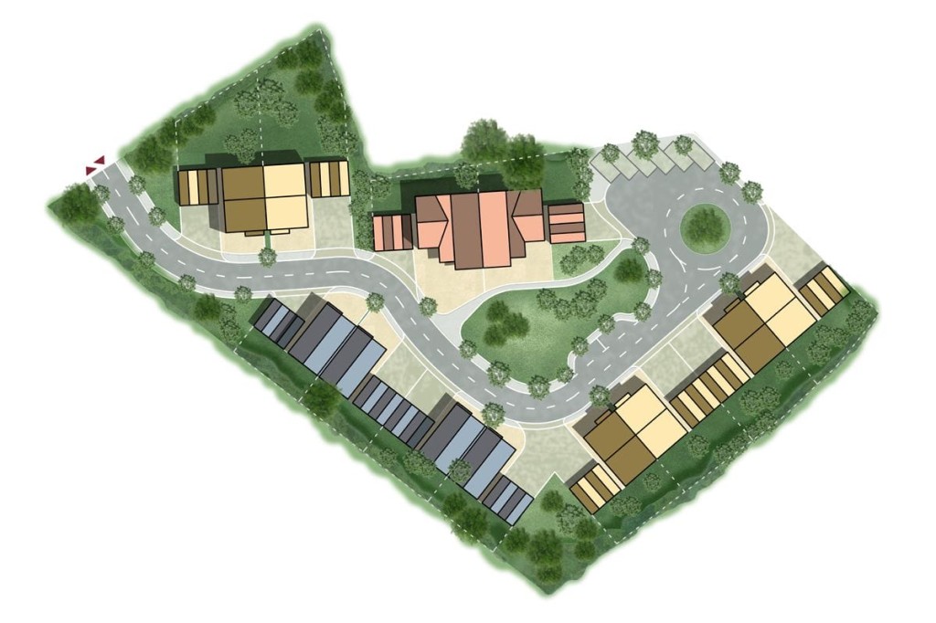 Overhead view of a master planning architectural model showing a variety of residential and commercial buildings surrounded by green spaces and integrated road systems, illustrating an efficient urban development layout.