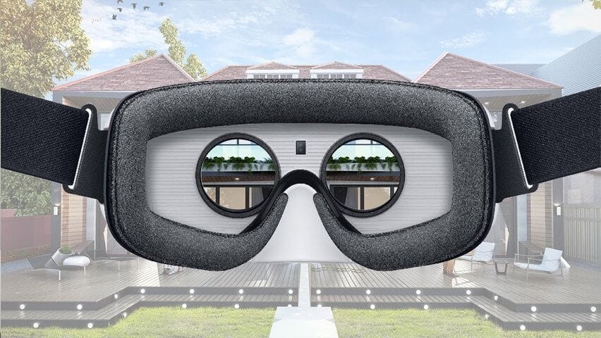 Virtual reality headset foreground with a simulated view of a modern house and backyard, representing the integration of VR technology in architectural visualisation and design.