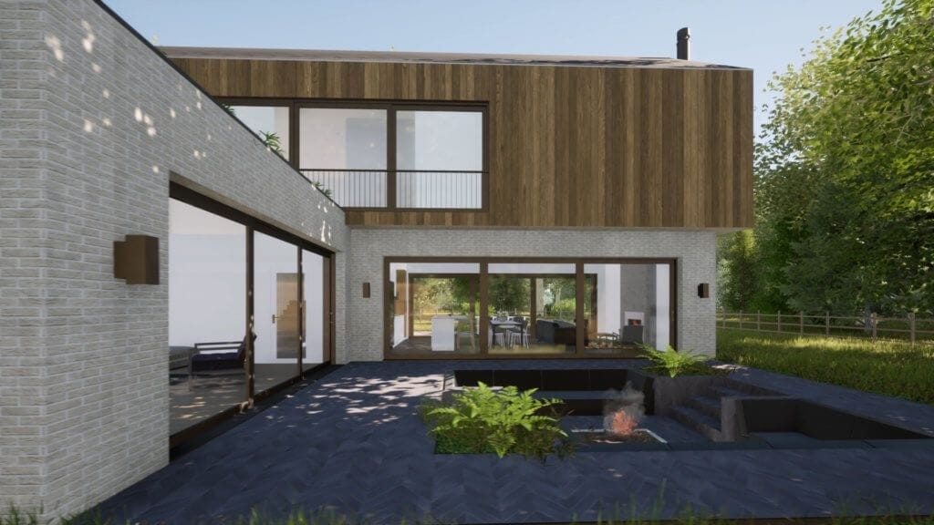 Architectural rendering of a modern residence with wooden upper and brick lower exteriors, open-plan living space visible through sliding glass doors, and an inviting outdoor fire pit area.