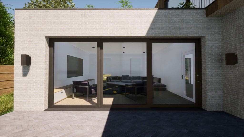Sliding glass doors of a modern home with minimalist brick facade, opening to a cosy interior with contemporary furnishings, blending indoor comfort with outdoor accessibility.