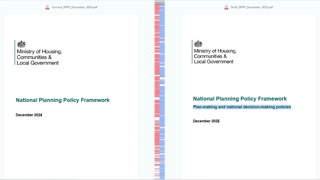 Side-by-side comparison of the National Planning Policy Framework December 2024 and the draft revised NPPF consulted on from 16 December 2025 to 10 March 2026, with the final version expected in summer 2026, highlighting structural changes and reforms to national planning policy and the planning system.