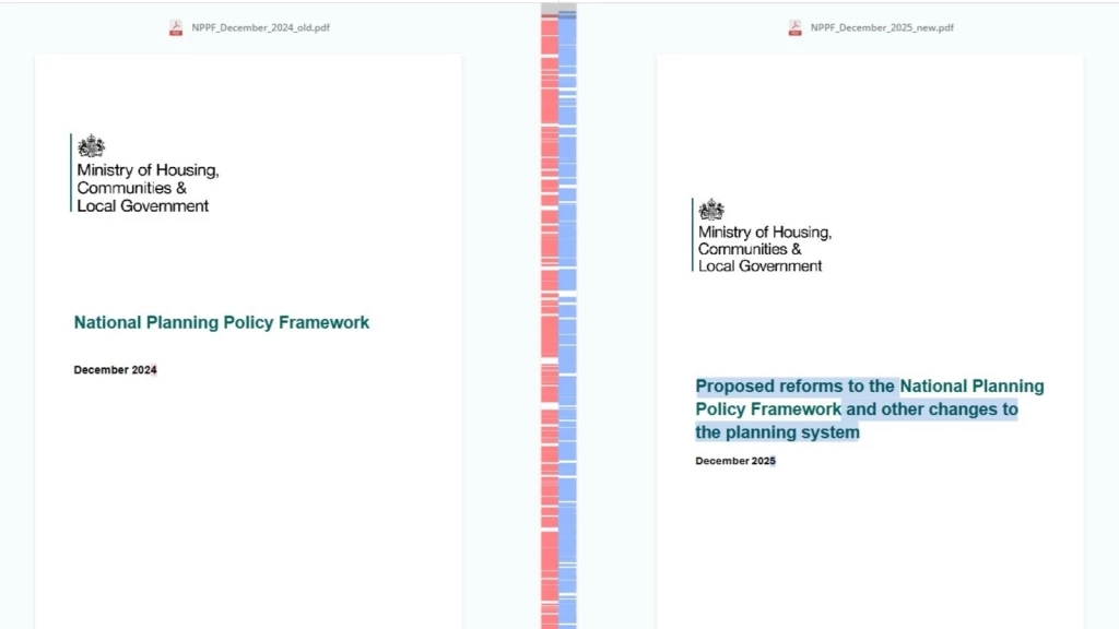 Side-by-side comparison of National Planning Policy Framework documents showing proposed NPPF revisions and planning reform changes aimed at improving housing delivery in England.